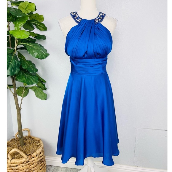 May Queen Couture Royal Blue Satin Flare Halter Top Embellished Sequins Dress - Picture 1 of 7